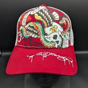 NWT Ed Hardy New York Red White Trucker Hat Snapback Mesh Skull Snake